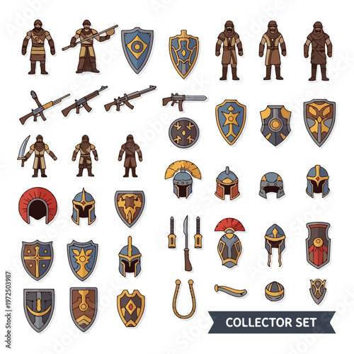 Collection of medieval and modern warrior equipment and armor icons.