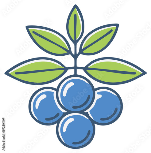 Blueberry Cluster Icon Fresh Berries with Green Leaves Vector Illustration