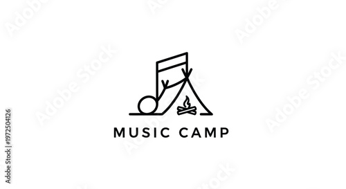 Music Camp Logo: Musical Note Tent with Campfire