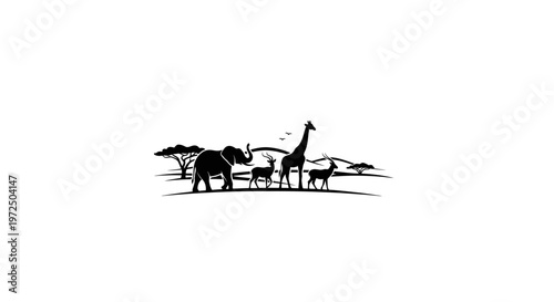 Photography African Safari Silhouette: Elephant, Giraffe, Antelope, and Trees
