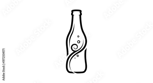 Elegant Soda Bottle Outline with Swirl and Bubbles Icon