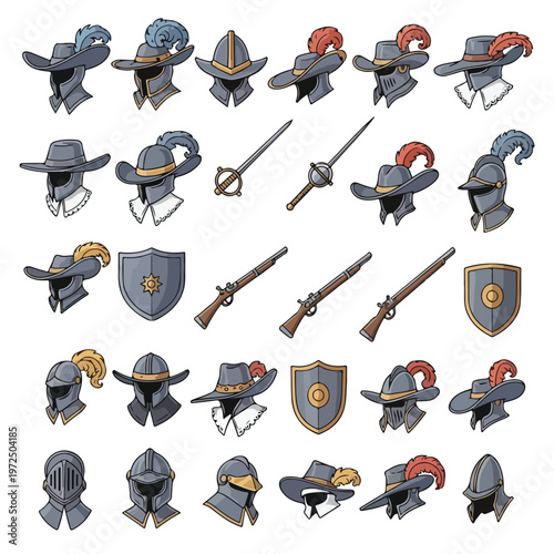 Collection of Medieval and Renaissance Era Armor Helmets and Weapons.