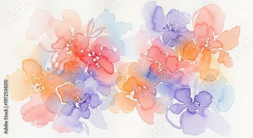 Abstract Watercolor Flowers in Shades of Peach and Lavender Bleeding into Each Other on Wet Paper