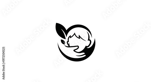 Stylized Icon of Child's Hand Caring for Leaf, Symbolizing Growth and Nature