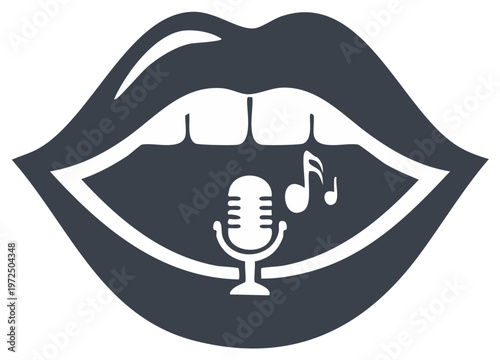 Singing voice concept icon with open lips and a microphone for audio recording or podcast broadcasting