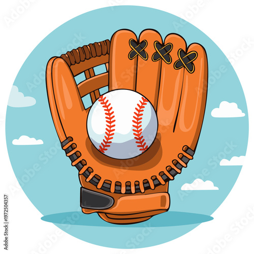Baseball mitt holding baseball with blue sky background and clouds