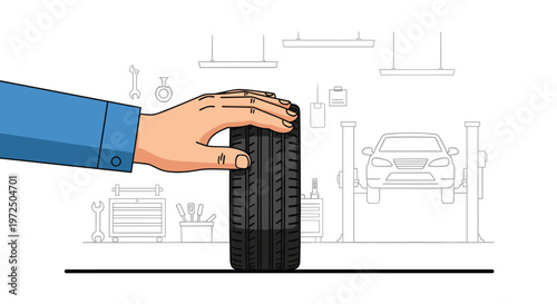 A large human hand rests firmly on the tread of a black car tire inside a detailed automotive repair shop featuring a vehicle lift and tools nearby.