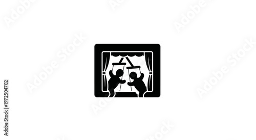 Puppet show icon, silhouette of people on stage with curtains, simple graphic