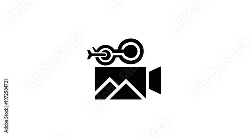 Film camera icon with mountains and abstract lens symbol