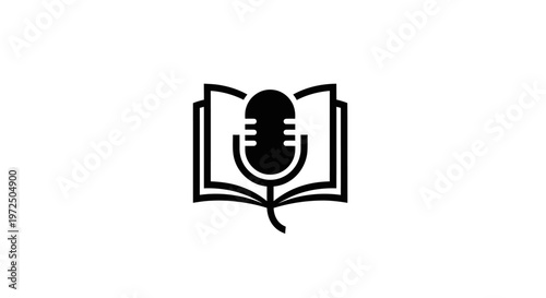 Open book with microphone icon, concept of audiobook, podcast, or spoken word learning