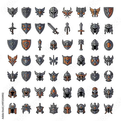 Collection of medieval armor elements and knightly equipment icons.