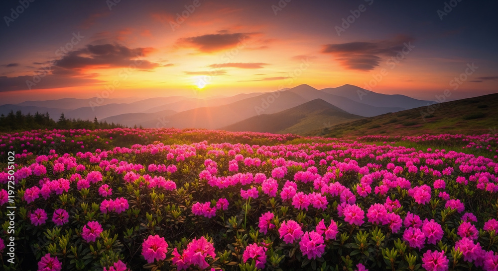 Obraz premium Vibrant sunset over a sea of magenta blooms in a tranquil meadow
