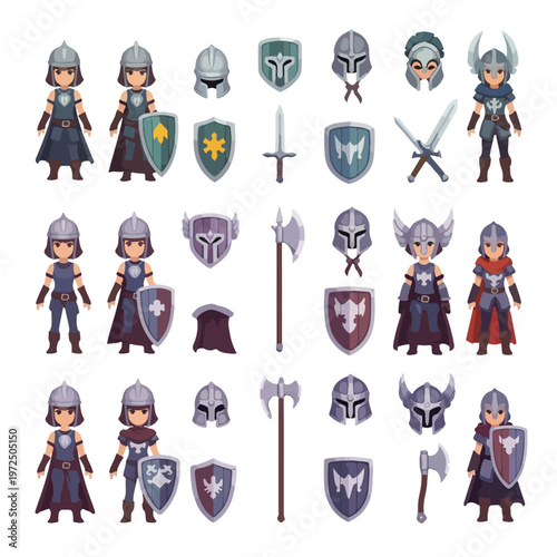 Collection of Cartoon Knights and Medieval Armor Elements.