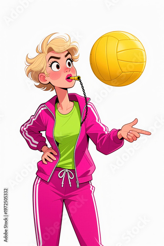 A blonde cartoon woman in pink tracksuit and green shirt blows a whistle, pointing at a yellow volleyball on a white background.