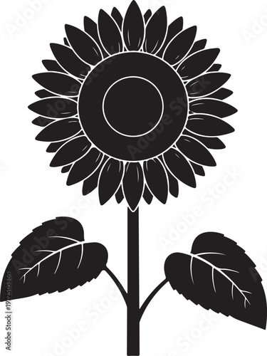 Konstfotografi A stylized black and white illustration of a cheerful sunflower with broad leave