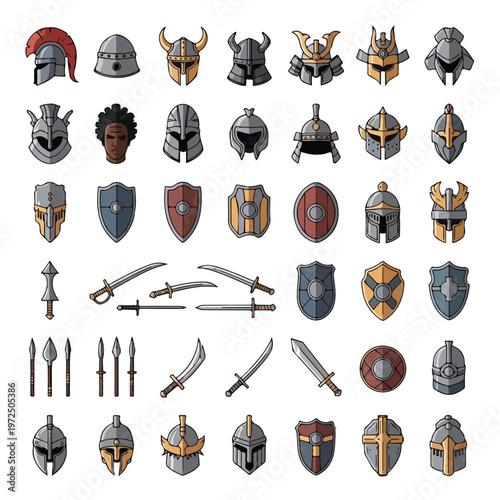 Collection of Medieval Armor Helmets Shields and Ancient Weapons Icons.