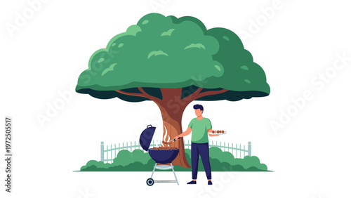 Man grilling meat on a barbecue in a lush green garden under a large shady tree with a white picket fence in the background.