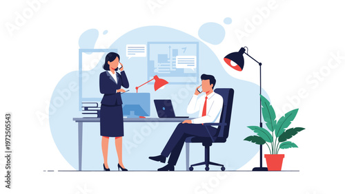 Professional colleagues in a modern office environment communicating via phone calls and working on business tasks together.