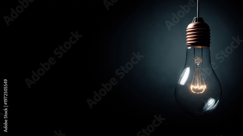 Incandescent light bulb hanging with filament glowing in dark