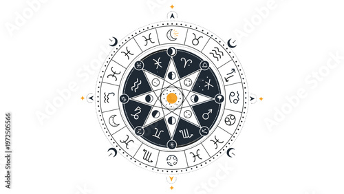 Detailed astrological zodiac wheel with sun moon stars and symbols of the twelve constellations on a white background.