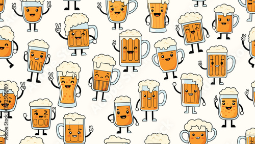 Fun seamless pattern of cute cartoon beer mugs with happy faces and expressive hands on a cream colored background for party decor.