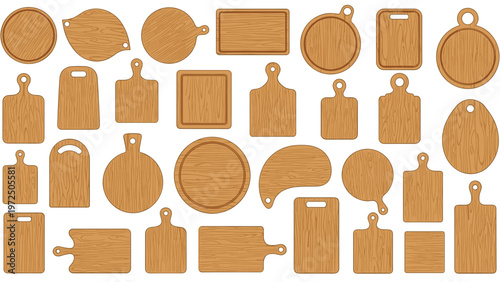 Large collection of various wooden cutting boards in different shapes and sizes for kitchen and cooking illustration.