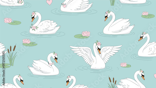 Elegant seamless pattern of graceful white swans swimming in a serene pond with blooming pink water lilies and green leaves.