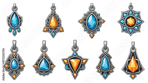 Ornate fantasy jewelry pendants decorated with glowing blue and orange gemstones in various artistic silver and gold metal frames.