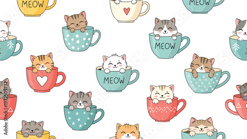 Adorable seamless pattern of tiny kittens sitting inside colorful polka dot teacups with cute heart and meow text decorations.