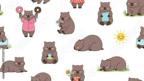 Cute seamless pattern showing adorable wombats engaged in various activities like eating donuts, reading, and sleeping in the sun.
