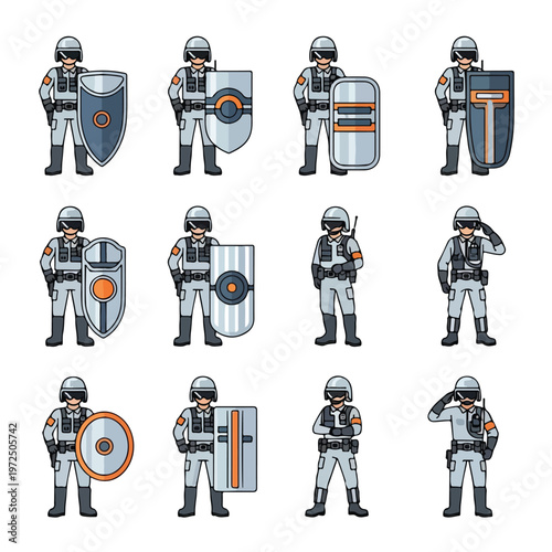 Collection of riot police officers in tactical gear with shields.