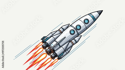 Powerful space rocket ship blasting off into the sky with fiery engines and speed lines against a clean light grey background.