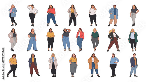 Diverse collection of plus size women showcasing various stylish outfits and confident poses in a flat vector illustration style.