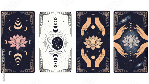 Set of four mystical tarot cards featuring esoteric symbols like the blooming lotus flower, crescent moons, and guiding hands.