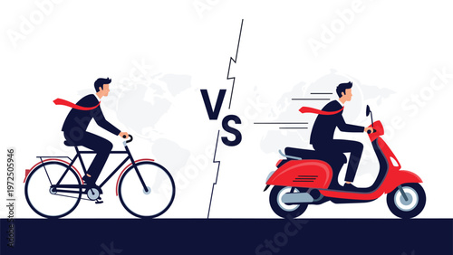 Comparison of a businessman riding a traditional bicycle versus another businessman quickly driving a modern red motor scooter.