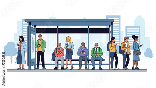 Group of diverse people waiting at a city bus stop while using their mobile phones for entertainment and communication purposes.
