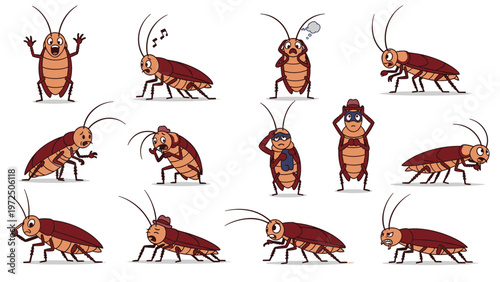 Funny cartoon cockroaches expressing a wide range of human emotions like fear, anger, sadness, and joy in various active poses.
