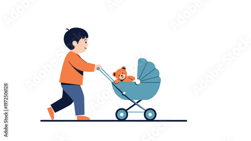 Young boy in an orange shirt and blue pants happily pushing a toy teddy bear in a blue baby stroller on a white background.