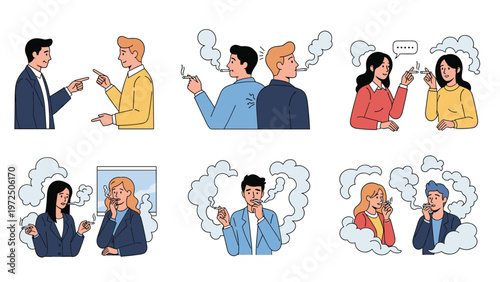 People engaged in conversation while smoking cigarettes and producing large clouds of smoke in different social environments.