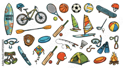 Collection of diverse outdoor and sports equipment for summer activities and adventures, showcasing a vibrant assortment of gear for recreation and active lifestyles
