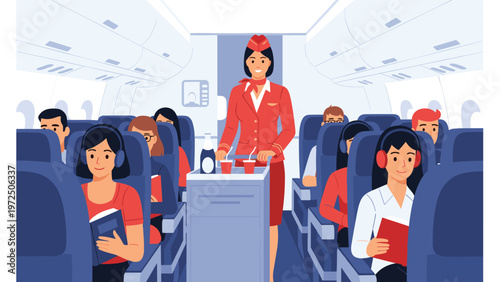 Professional flight attendant in a red uniform serving drinks to passengers sitting in their seats on a modern commercial airplane.