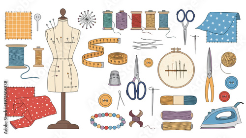Extensive set of sewing and dressmaking tools including a mannequin, scissors, thread spools, needles, and colorful fabric scraps.