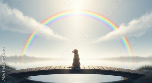 A dog sitting on a bridge with a rainbow in the background.