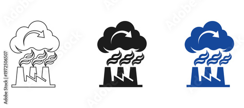 Industrial air pollution cycle icon set, factory smoke emissions with cloud circulation concept, environmental impact and climate change symbol, minimal vector illustration black and blue isolated
