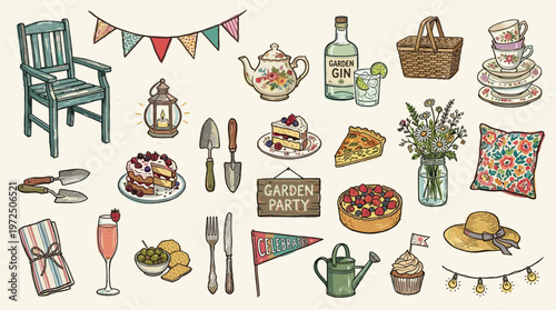Charming Garden Party Illustration with Food Drinks and Decorations for Outdoor Celebration