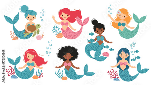 Collection of beautiful cartoon mermaids with diverse hair colors swimming among various sea plants and bubbles.