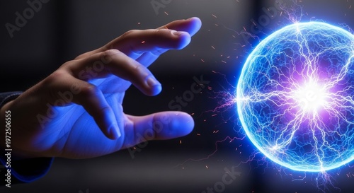 Human Hand Reaching Out to Touch a Floating Orb of Crackling Electrical Energy