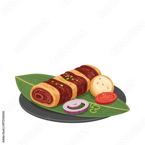 Grilled Meat Roll on Banana Leaf with Vegetables