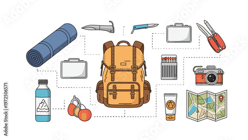 Infographic displaying a backpack and essential hiking equipment like a map and camera for outdoor adventures.