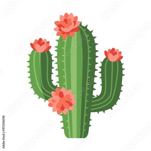 Flat Design Cactus with Blooming Pink Flowers